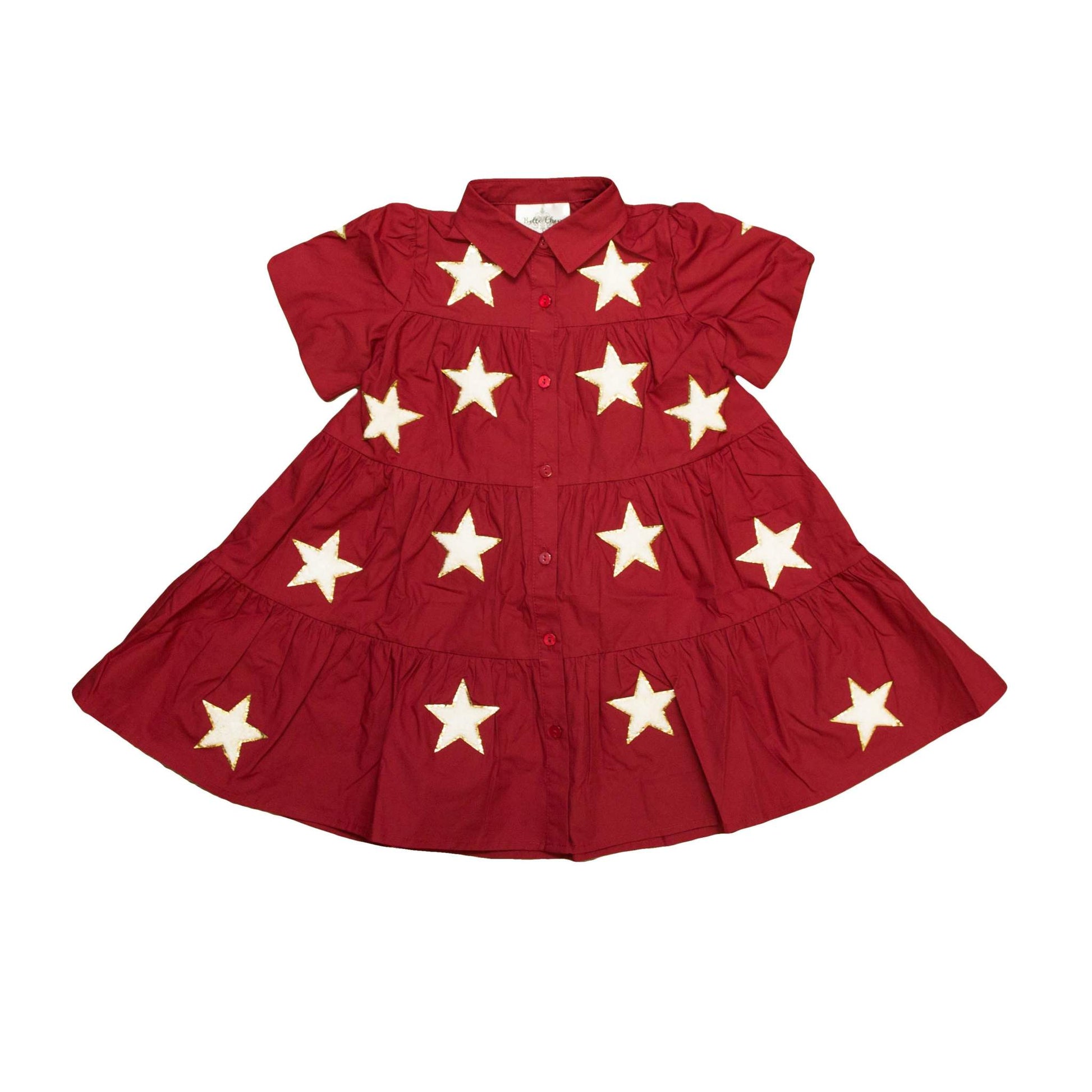 Maroon and white chenille star kid dress with button-up front and short sleeves