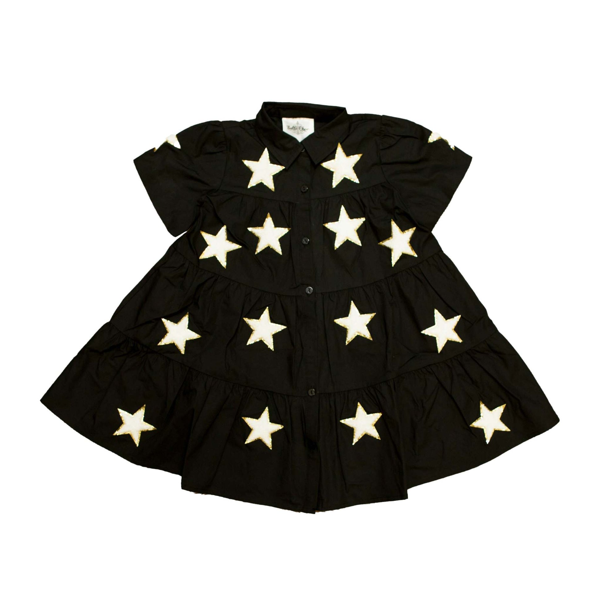 Black and white chenille star pattern kid's dress with short sleeves and button front