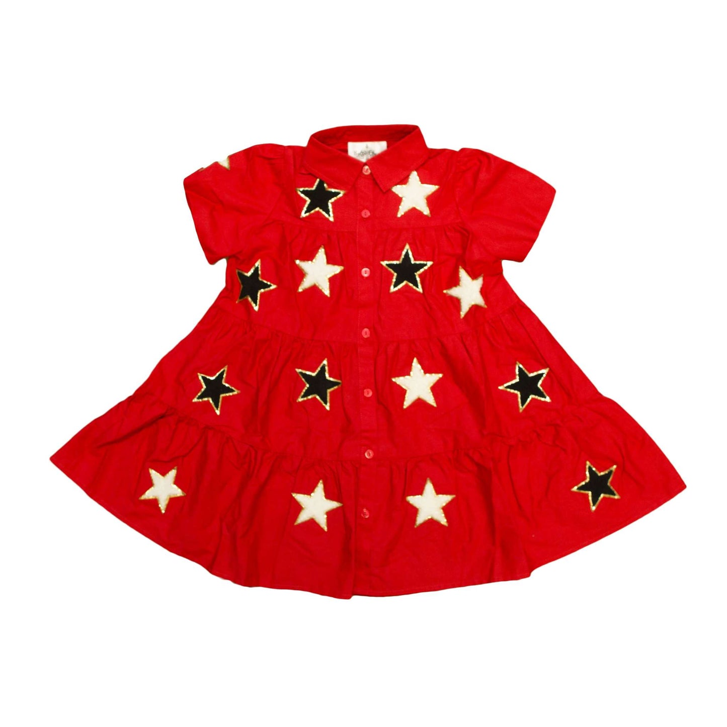 Red and black chenille star dress for kids with short sleeves and button front
