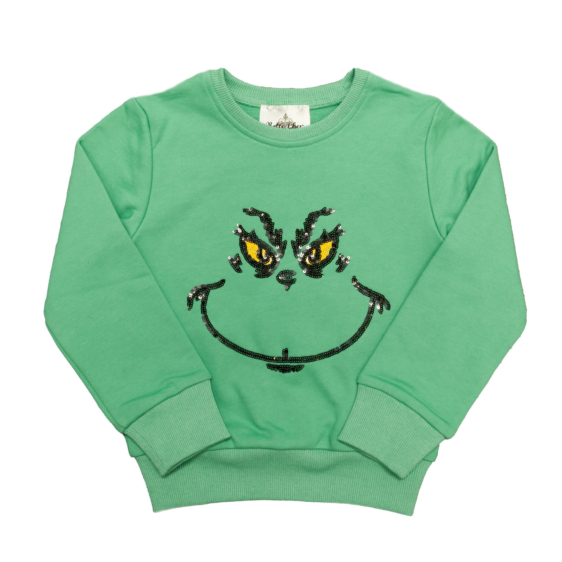 Green sweatshirt with a sequin face design on a white background