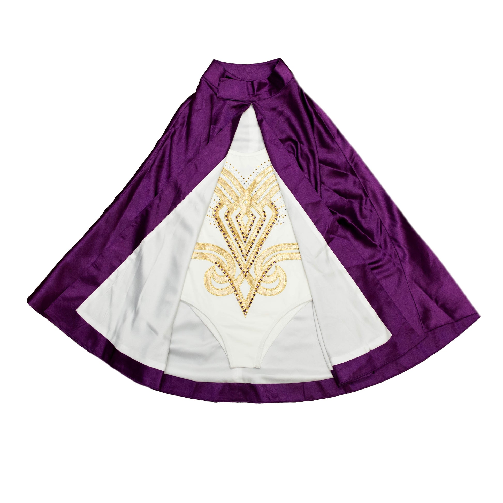 Purple and gold costume cloak with white and gold detailed inner suit visible