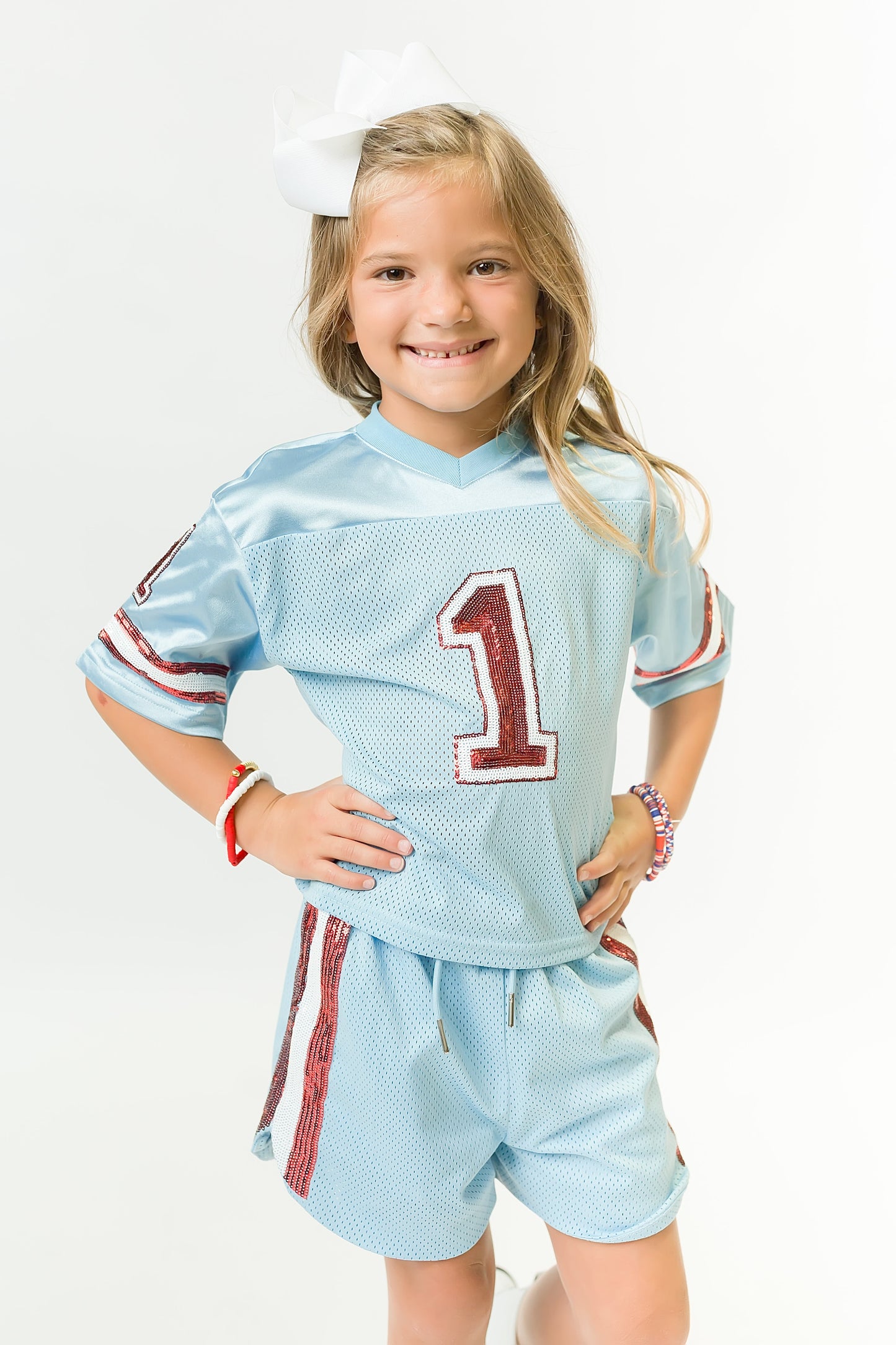 Light Blue and Red Sequin Shorts