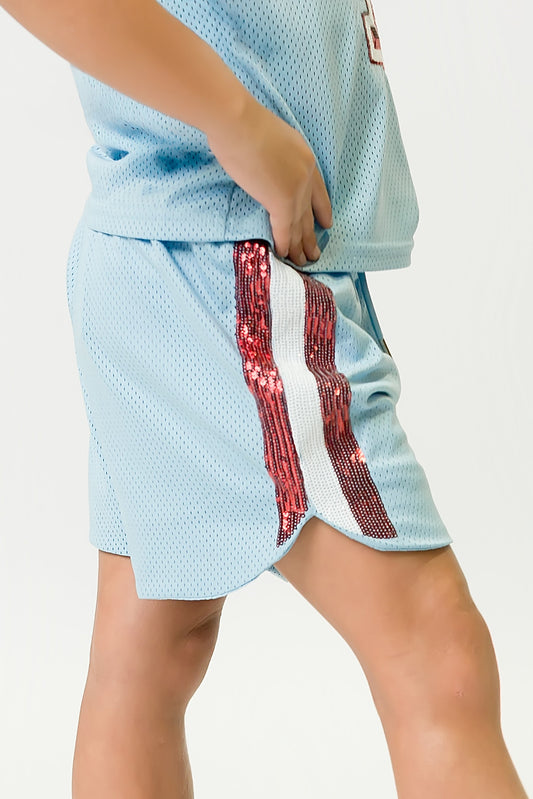 Light blue shorts with red sequin stripes on side