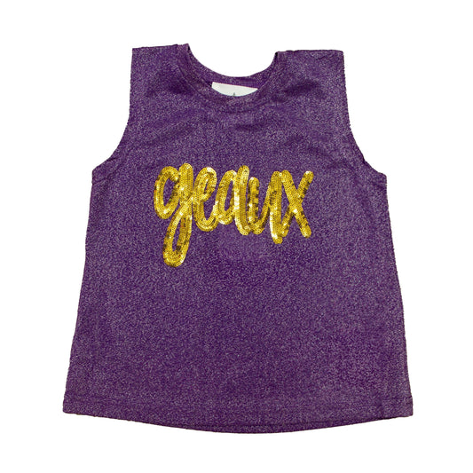 Geaux Purple Glitter Kid Tank with gold glitter text on purple fabric for kids game day