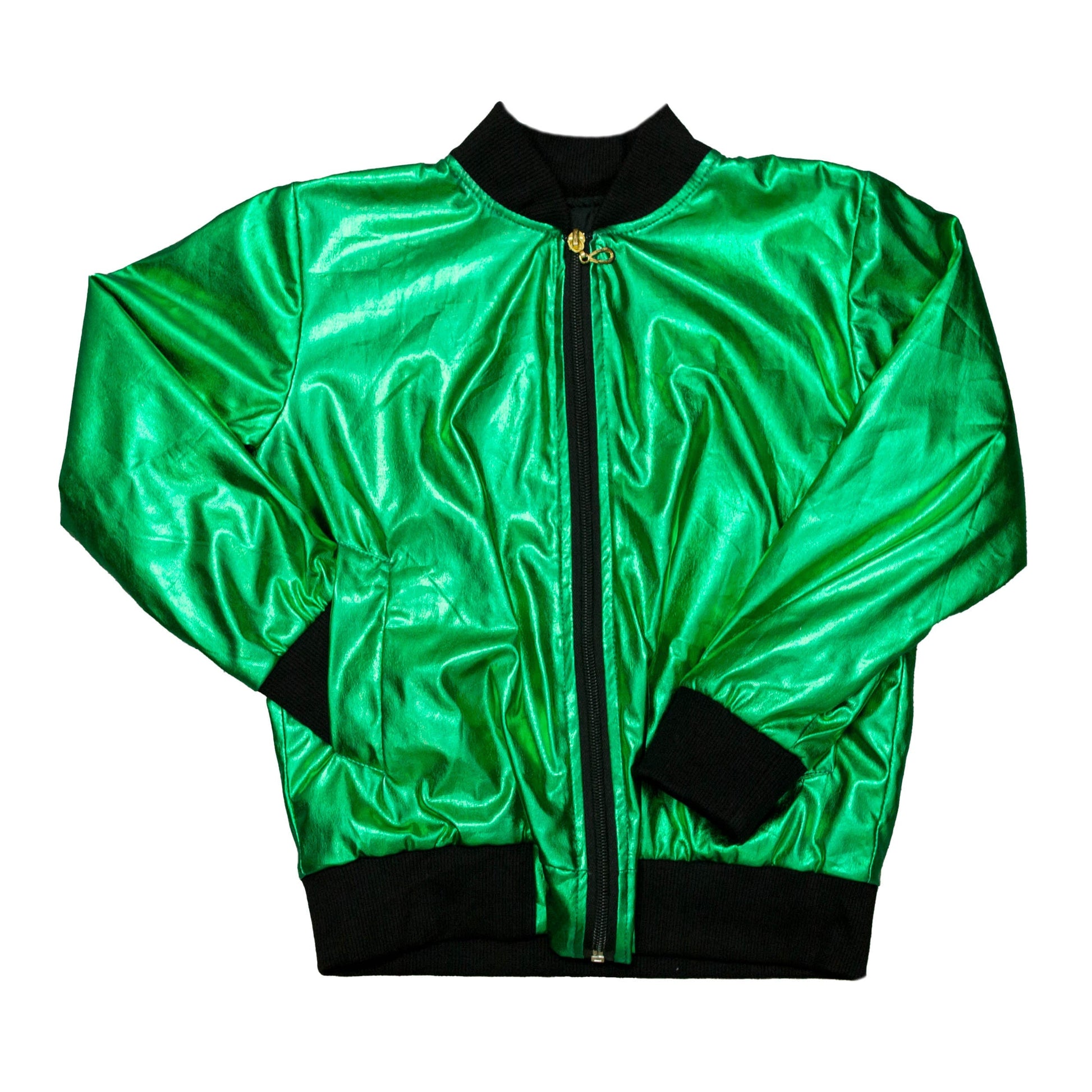 Green metallic jacket with black cuffs and collar, shiny and stylish outerwear