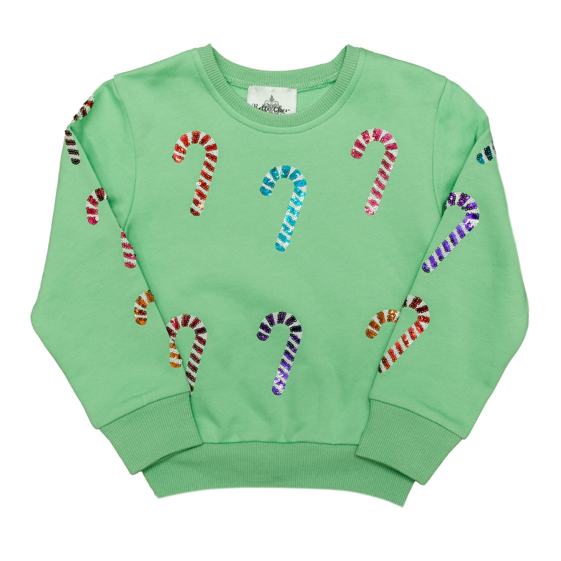 Green sweater with candy cane patterns on a white background