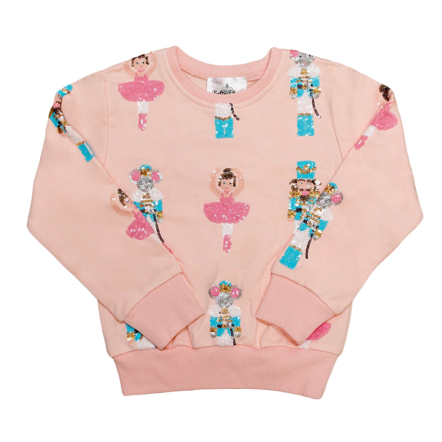 Pink sweatshirt with sequin ballerina designs on a white background