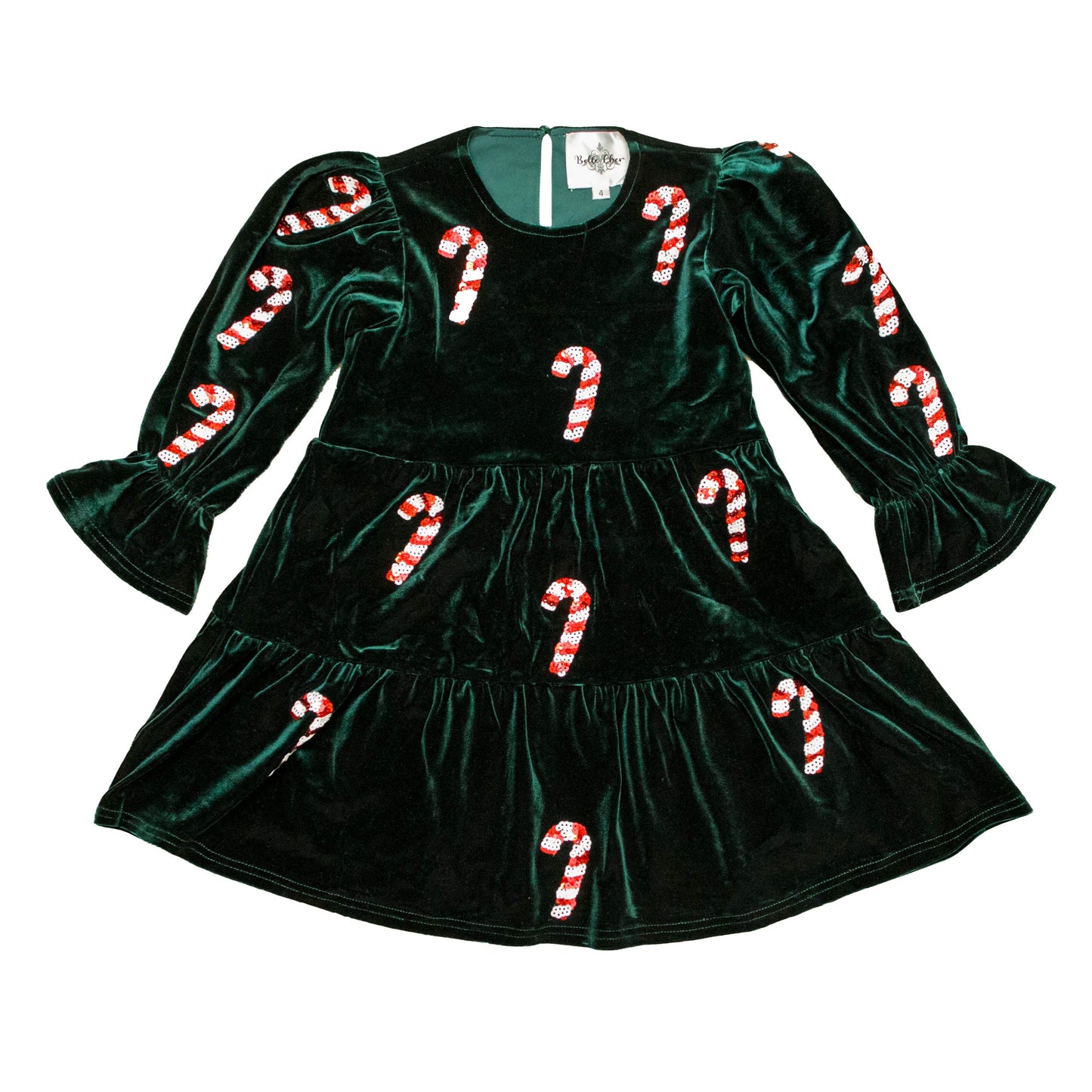 Girls Green Velvet Candy Cane Dress | Sequin Christmas Dress with Ruffle Sleeves