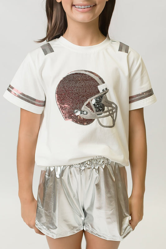 Girl wearing white Maroon and Silver Helmet Shirt with shiny helmet graphic and silver shorts