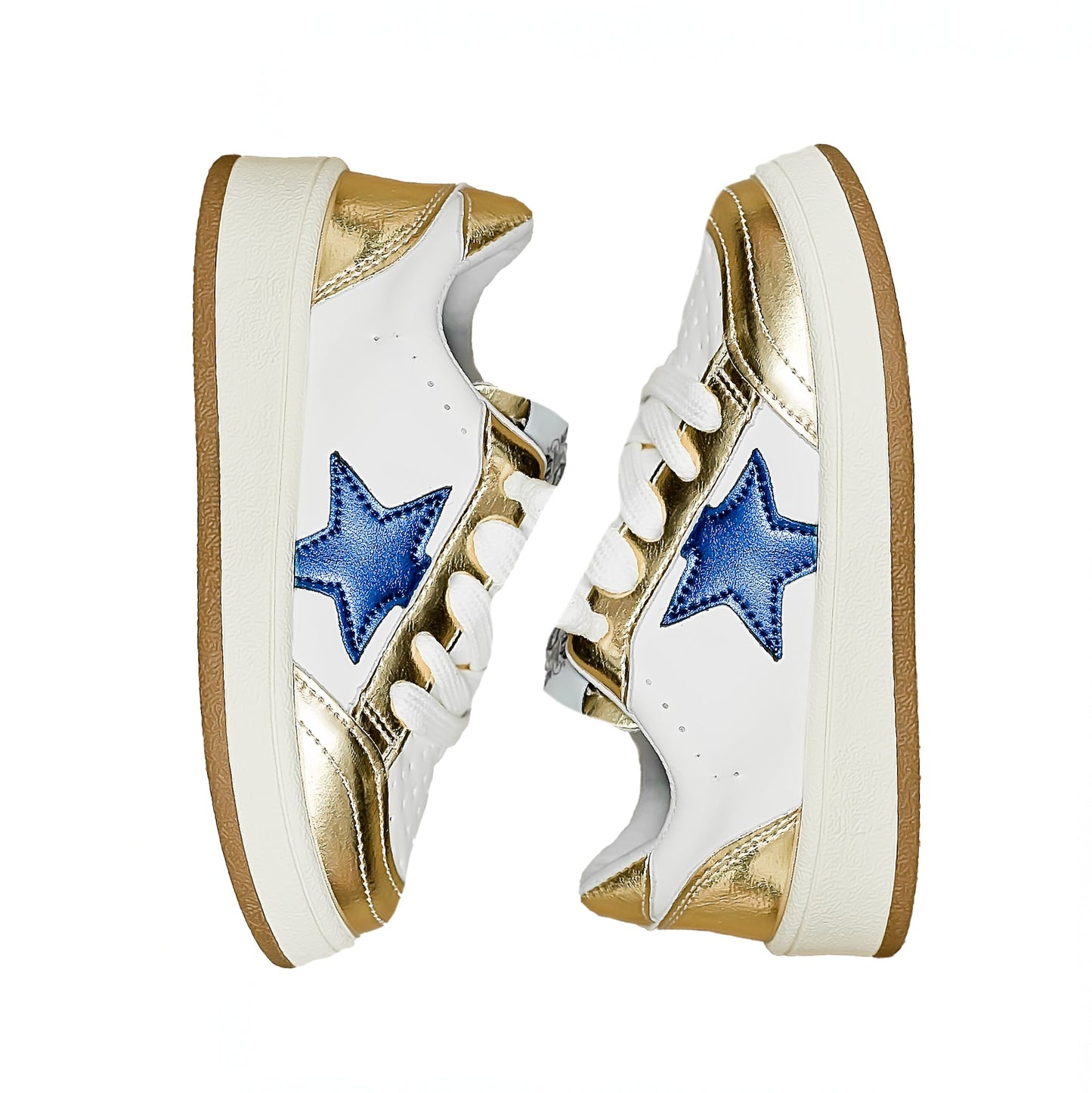 Gold and royal blue star kid sneakers with white base and gold accents