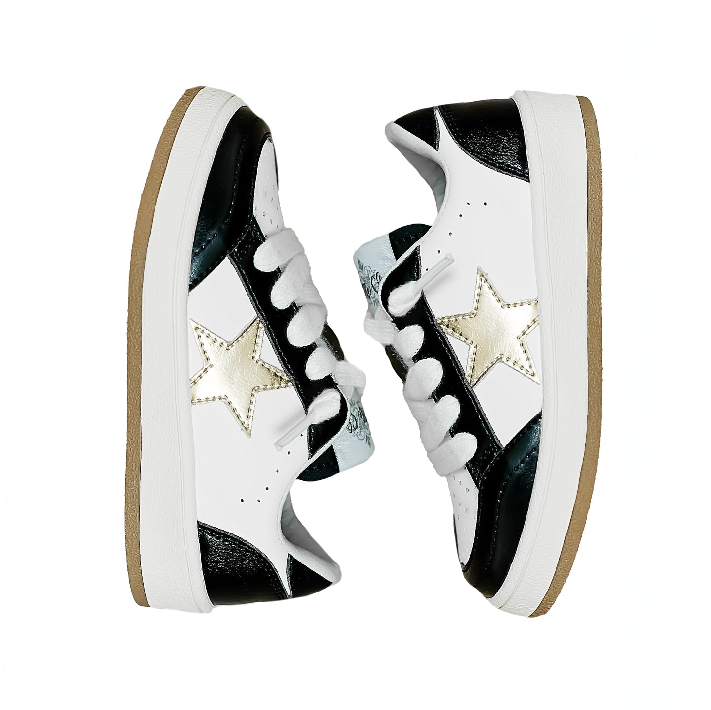Black and gold star sneakers for kids with white and black design and rubber soles
