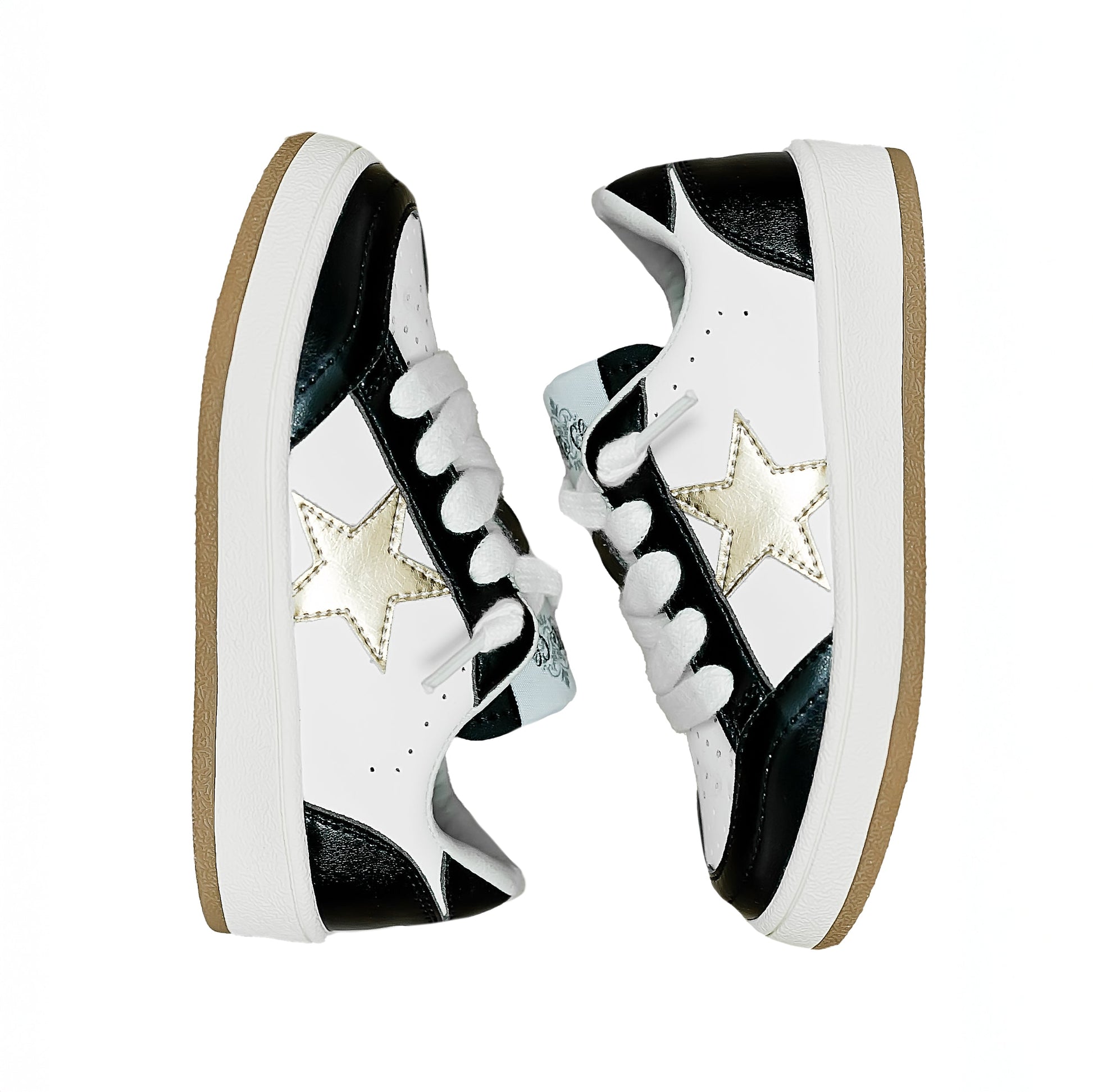 Black and gold star sneakers for kids with white and black design and rubber soles