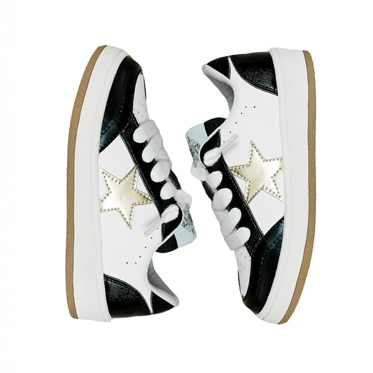 Black and gold star sneakers for kids with white and black design and rubber soles