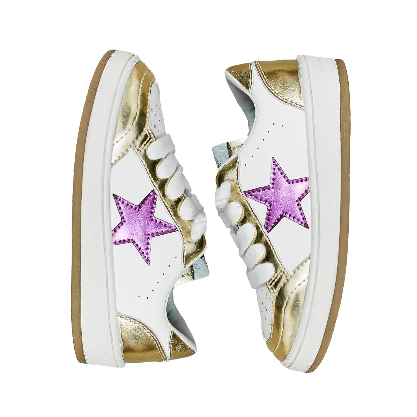 Gold and Purple Star Kid Sneakers with white base and purple star design on sides