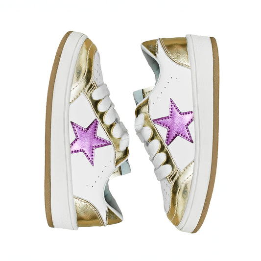 Gold and Purple Star Kid Sneakers with white base and purple star design on sides