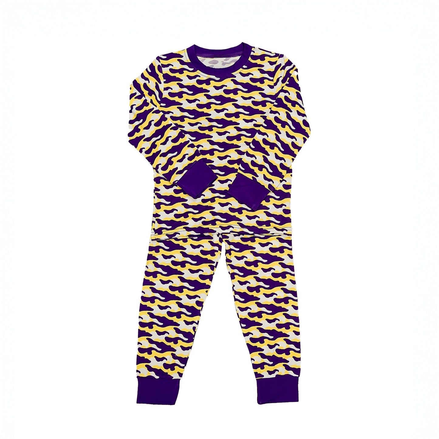 Purple and Yellow Camo Pajamas with vibrant camo pattern and purple cuffs for cozy sleepwear