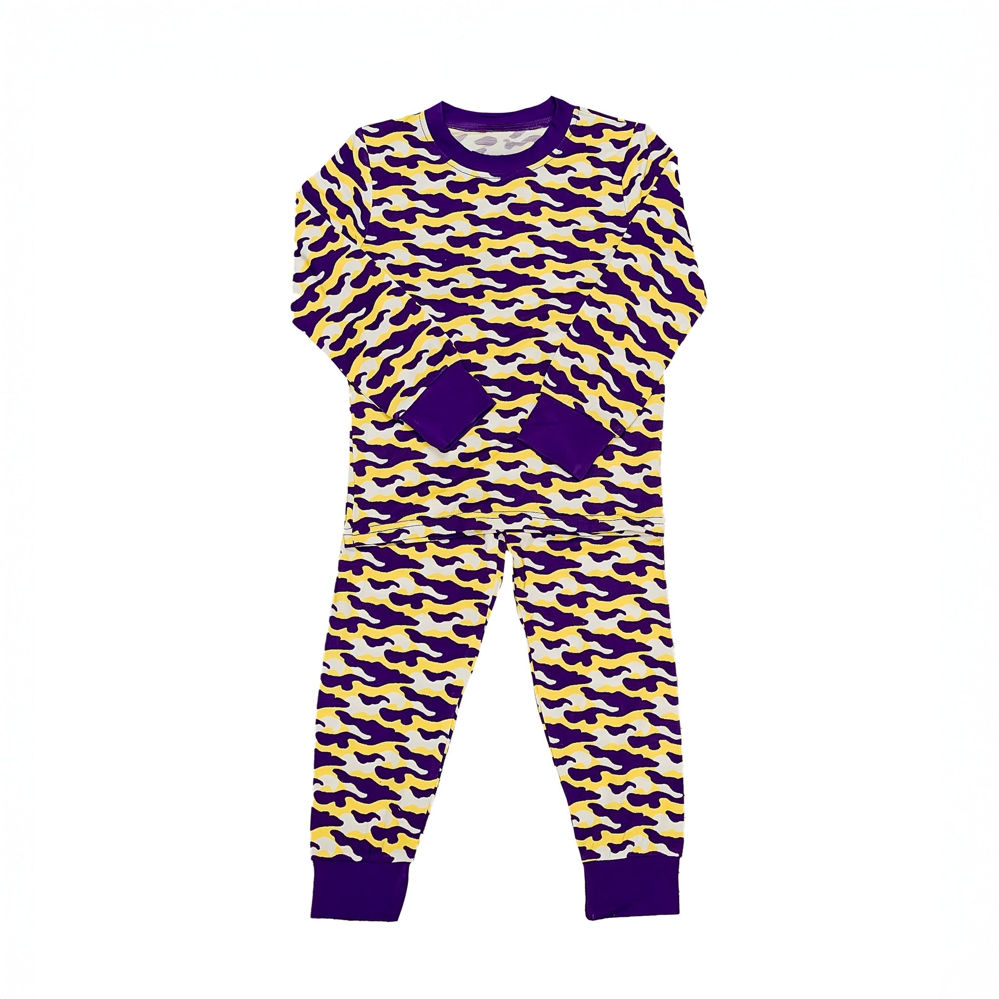 Purple and Yellow Camo Pajamas with vibrant camo pattern and purple cuffs for cozy sleepwear