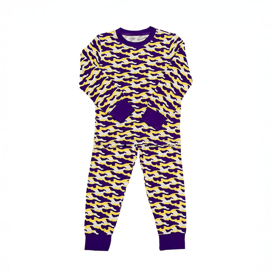 Purple and Yellow Camo Pajamas with vibrant camo pattern and purple cuffs for cozy sleepwear