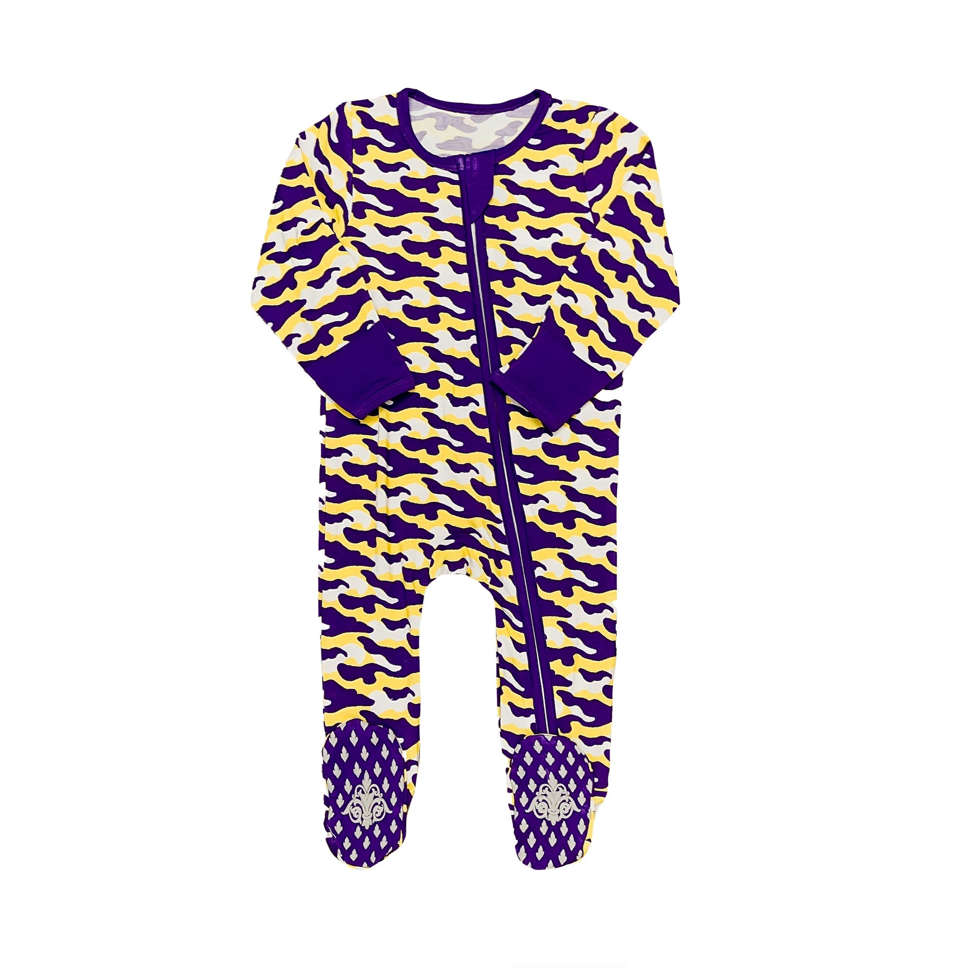 Purple and Yellow Camo Romper with vibrant camouflage pattern and purple accents
