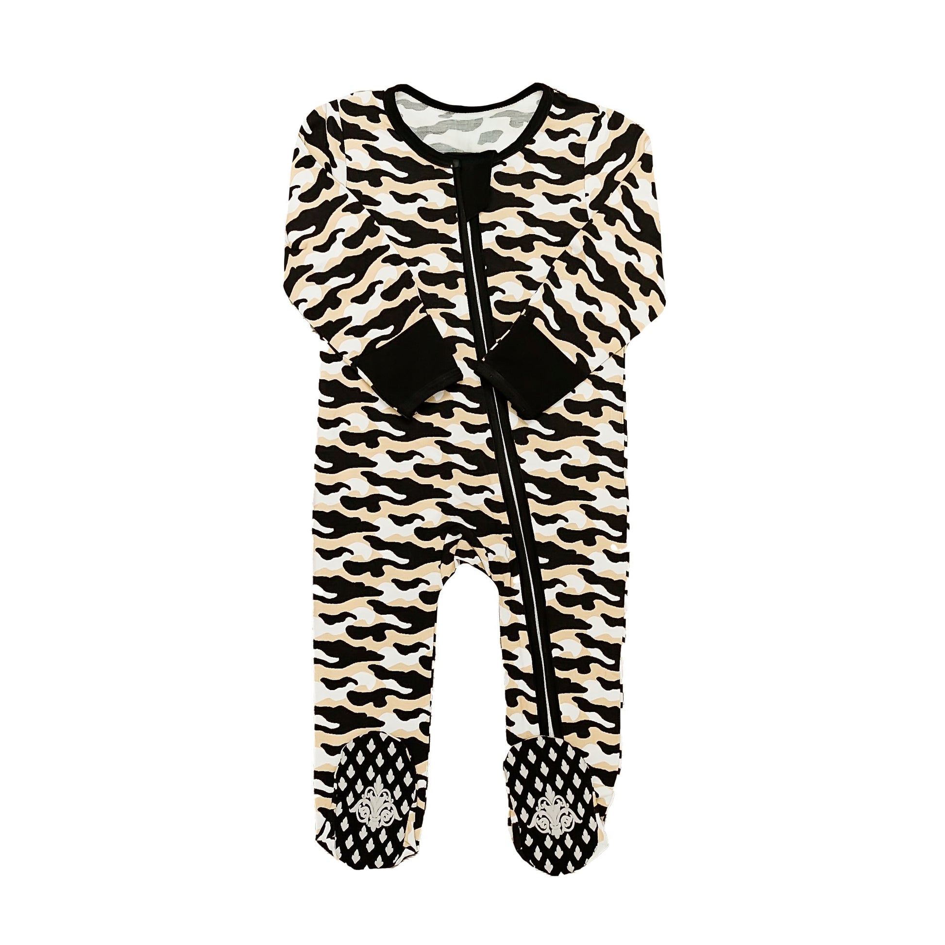 Black and Gold Camo Romper baby one-piece with soft breathable fabric and playful camo pattern