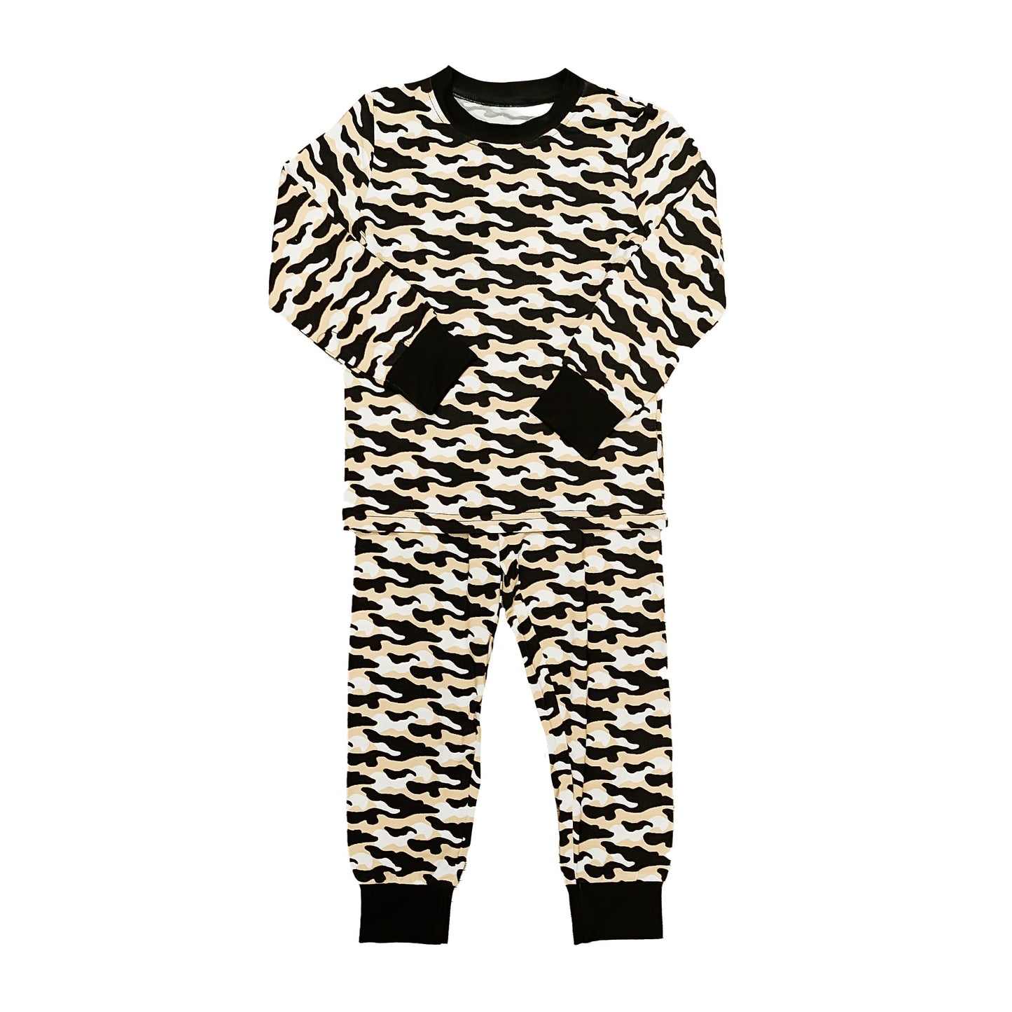 black and gold camo pajamas set for kids with long sleeves and pants, soft breathable fabric, playful camouflage pattern