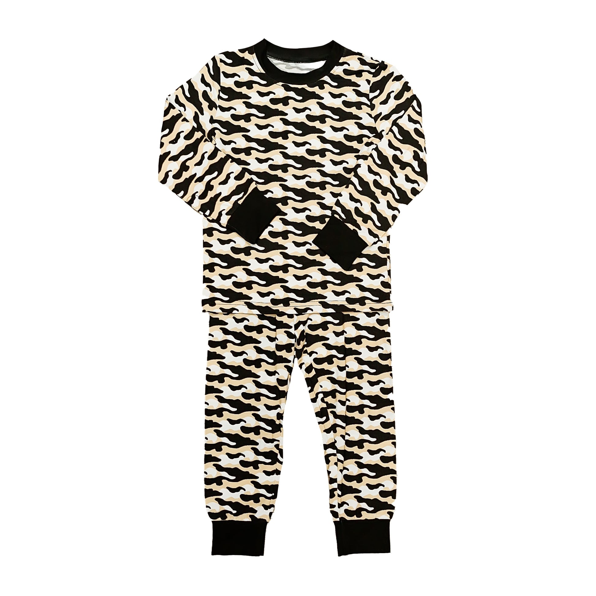 black and gold camo pajamas set for kids with long sleeves and pants, soft breathable fabric, playful camouflage pattern