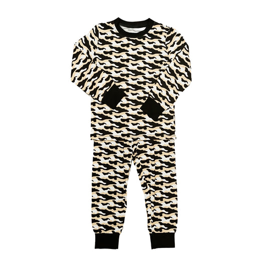 black and gold camo pajamas set for kids with long sleeves and pants, soft breathable fabric, playful camouflage pattern