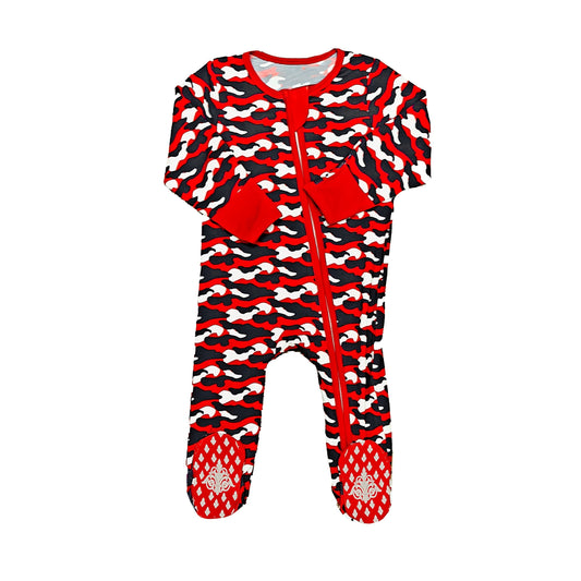 Red and Black Camo romper with zipper and footed design for infants