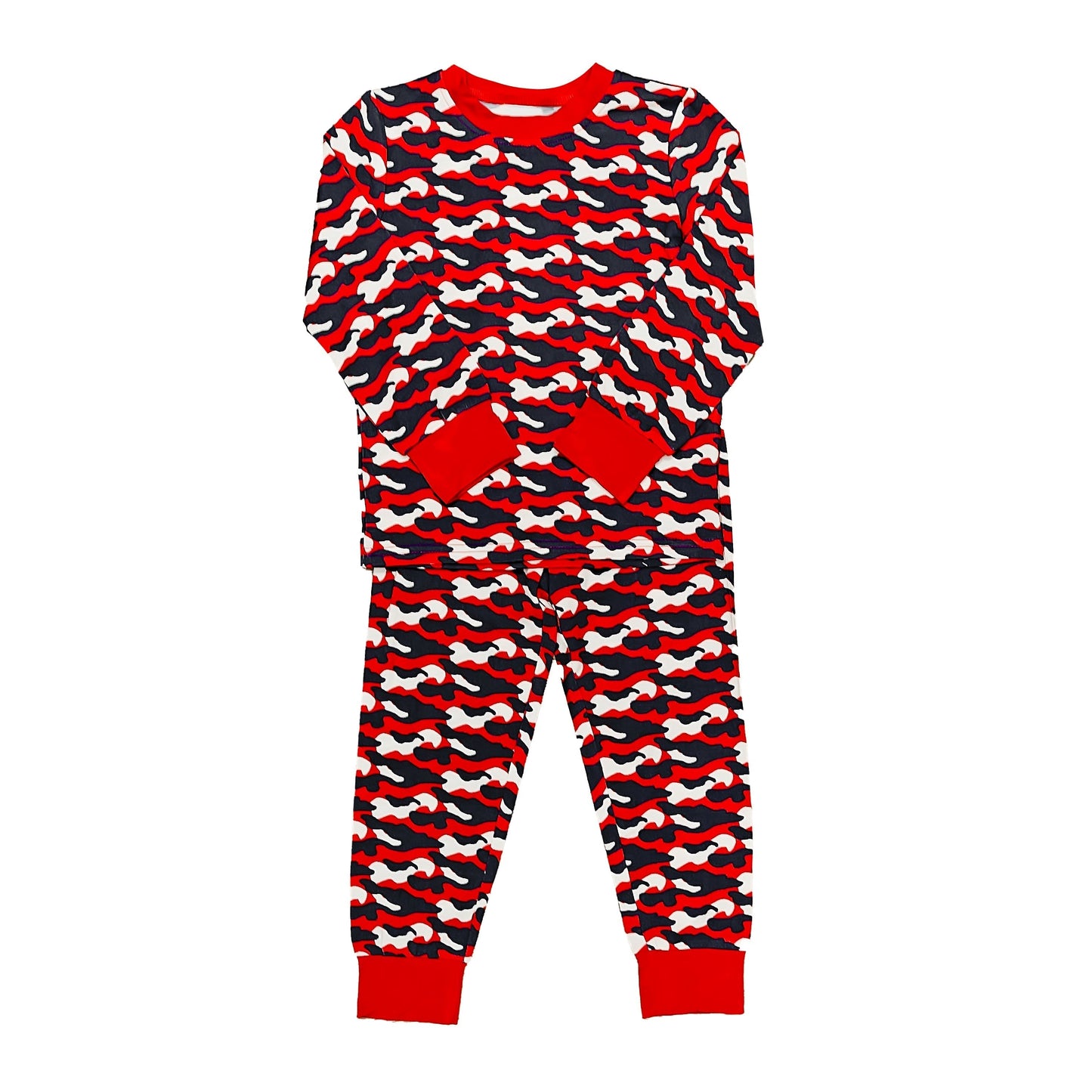 Red and black camo pajamas set with long sleeves and pants in breathable fabric