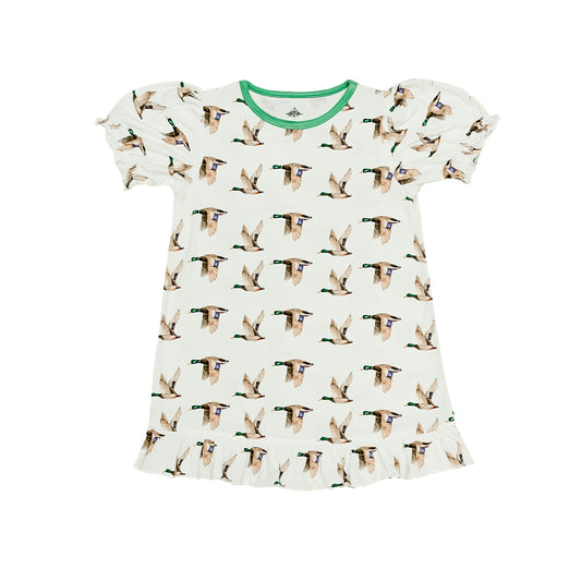 Mallard Play Dress with flying duck print and green neckline trim