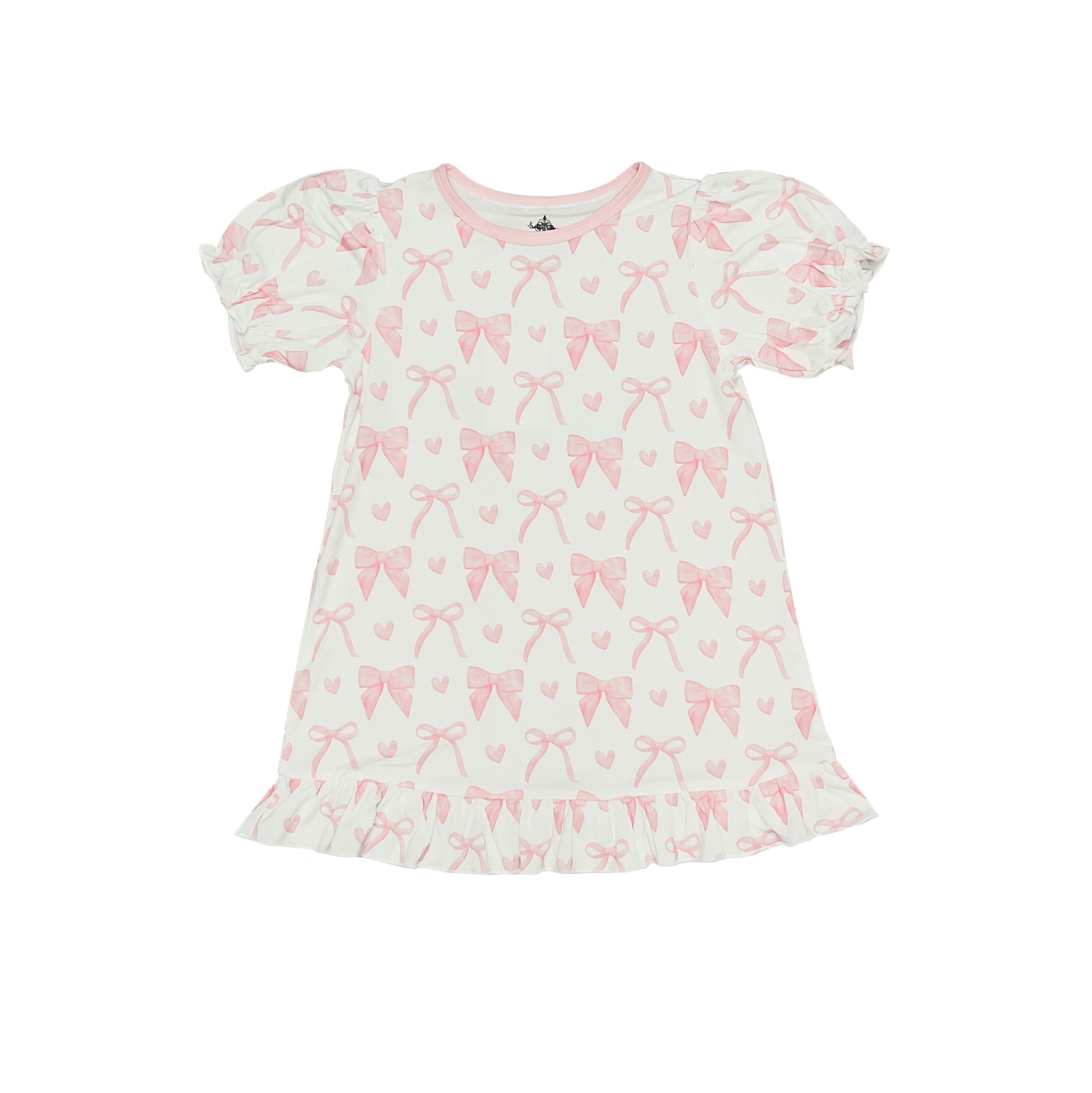 Bows Play Dress for girls with pink bow patterns and ruffled sleeves and hem