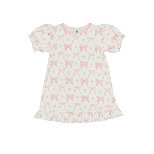 Bows Play Dress for girls with pink bow patterns and ruffled sleeves and hem