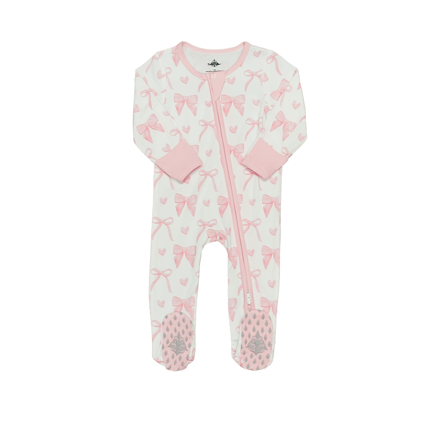 Pink and white baby bows romper with full sleeves and footed legs