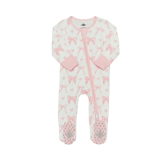 Pink and white baby bows romper with full sleeves and footed legs