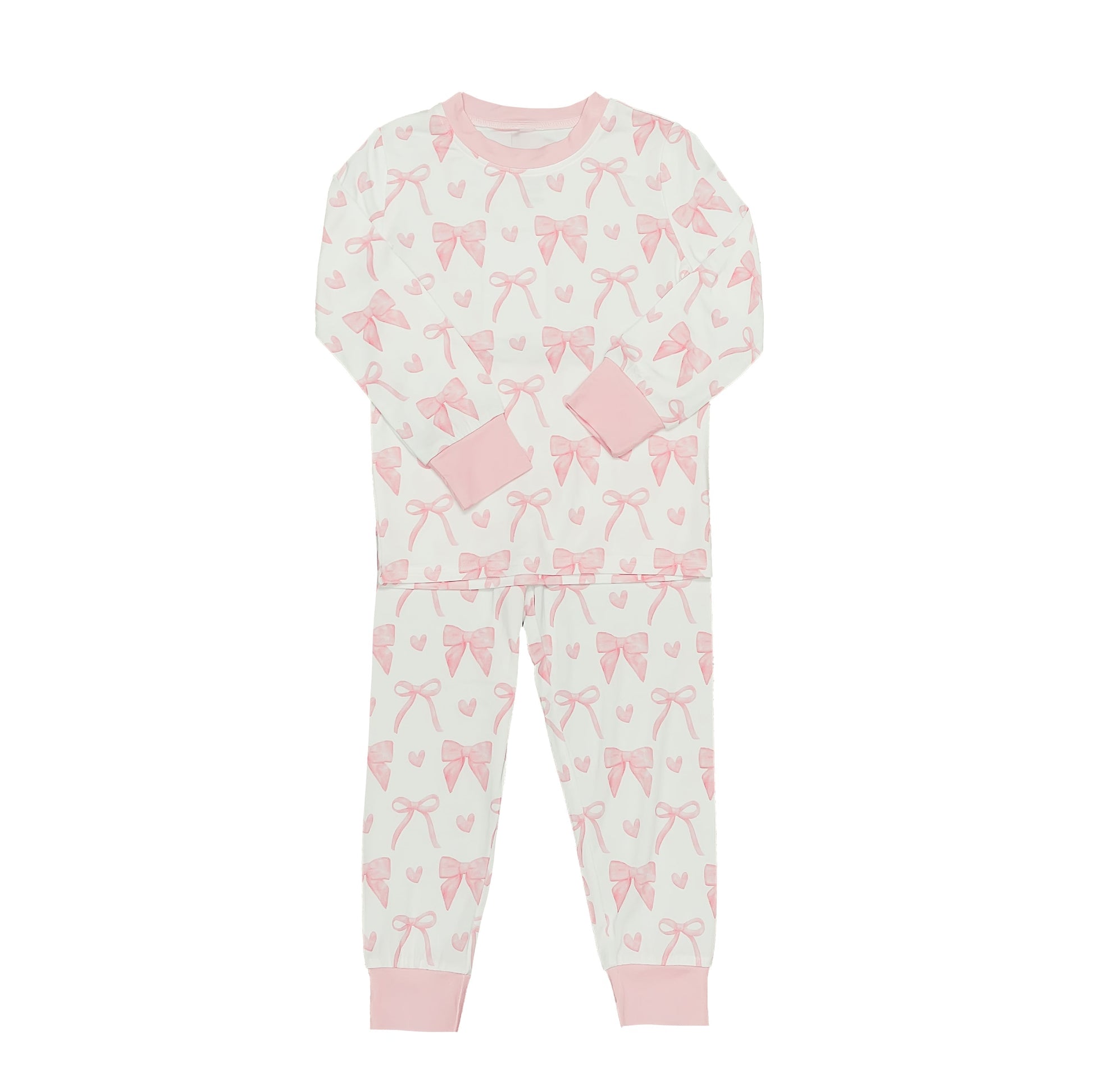 Bows Bamboo Pajamas in white with pink bow prints and pink cuffs, soft breathable fabric for comfortable sleep
