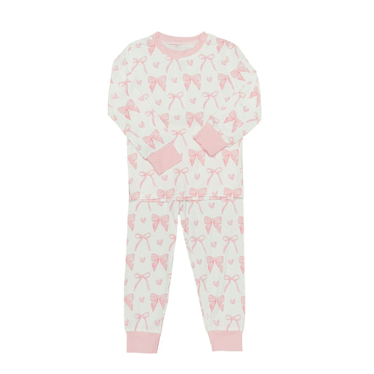 Bows Bamboo Pajamas in white with pink bow prints and pink cuffs, soft breathable fabric for comfortable sleep