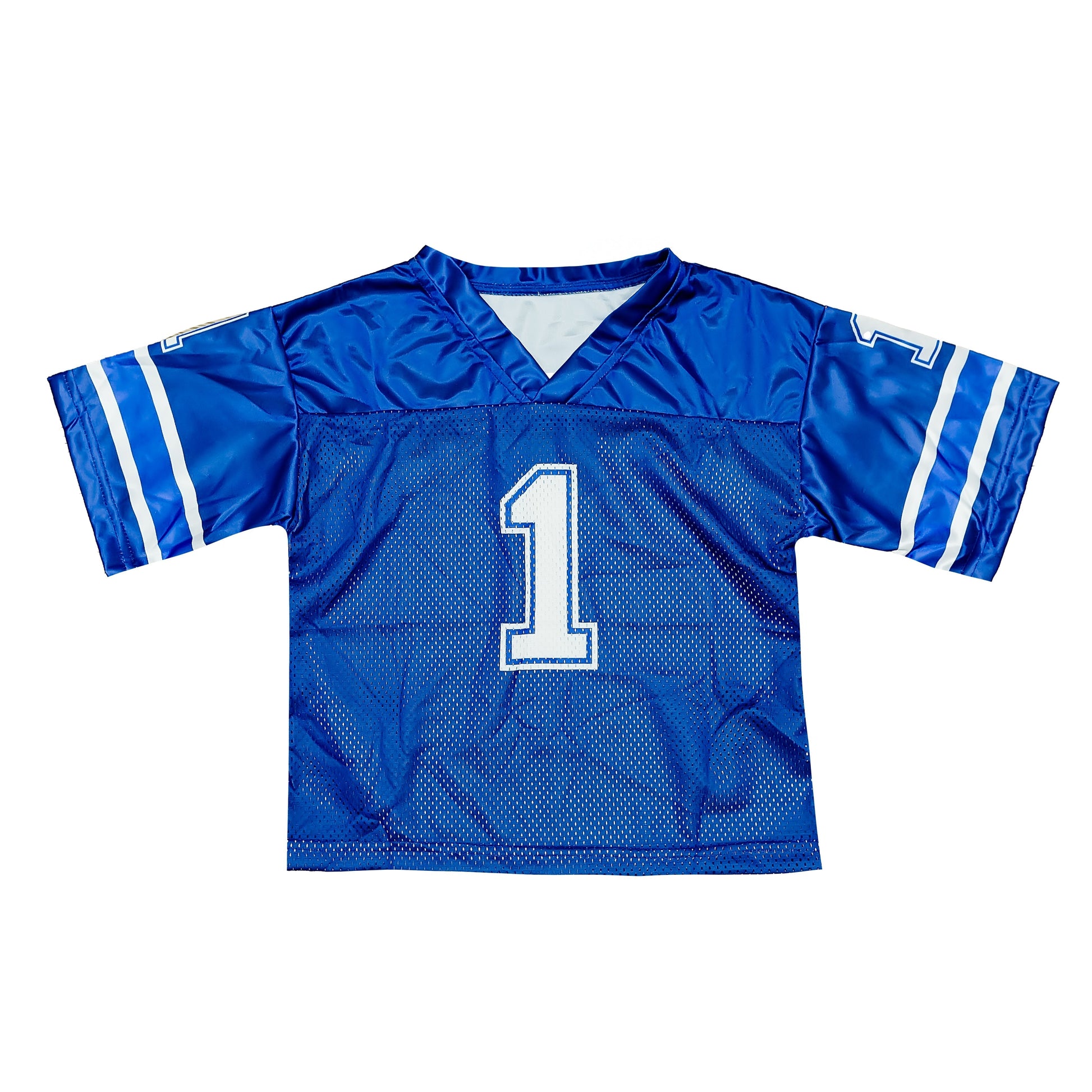 royal blue football jersey with number 1 and white stripes on sleeves
