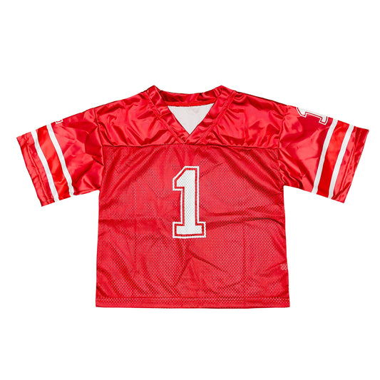 Red football jersey with number 1 and white stripes on sleeves designed for comfort and style