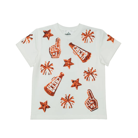 White kid shirt with burnt orange sequin cheer designs and stars Burnt Orange Cheer Shirt