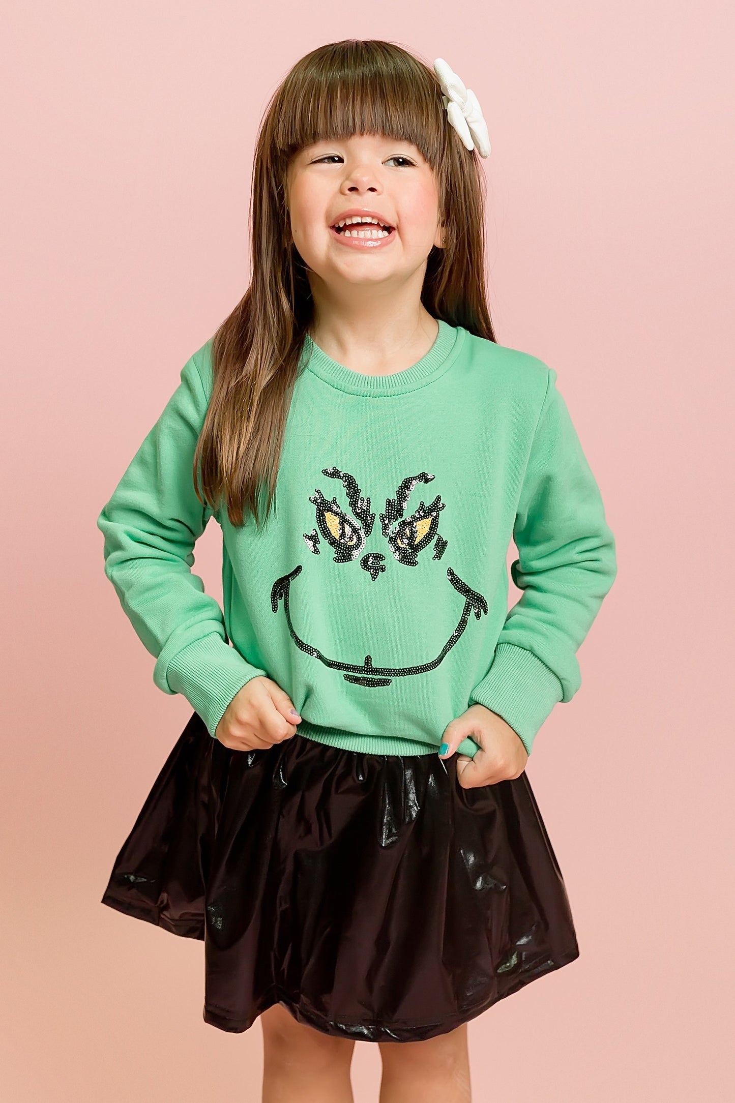 Girls Green Grinch Face Sweatshirt | Sequin Christmas Pullover with Grinch Smile