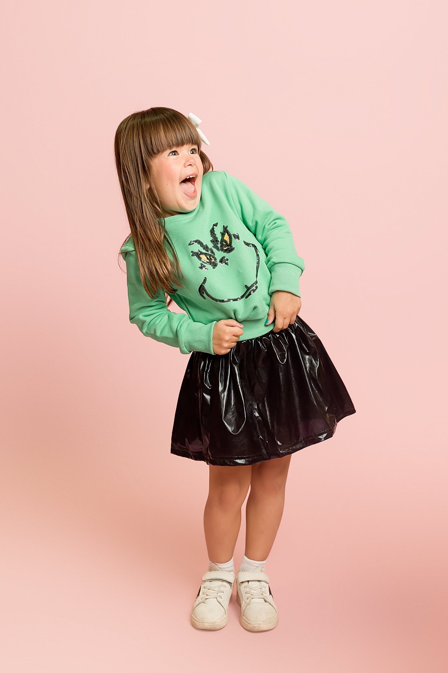 Girls Green Grinch Face Sweatshirt | Sequin Christmas Pullover with Grinch Smile