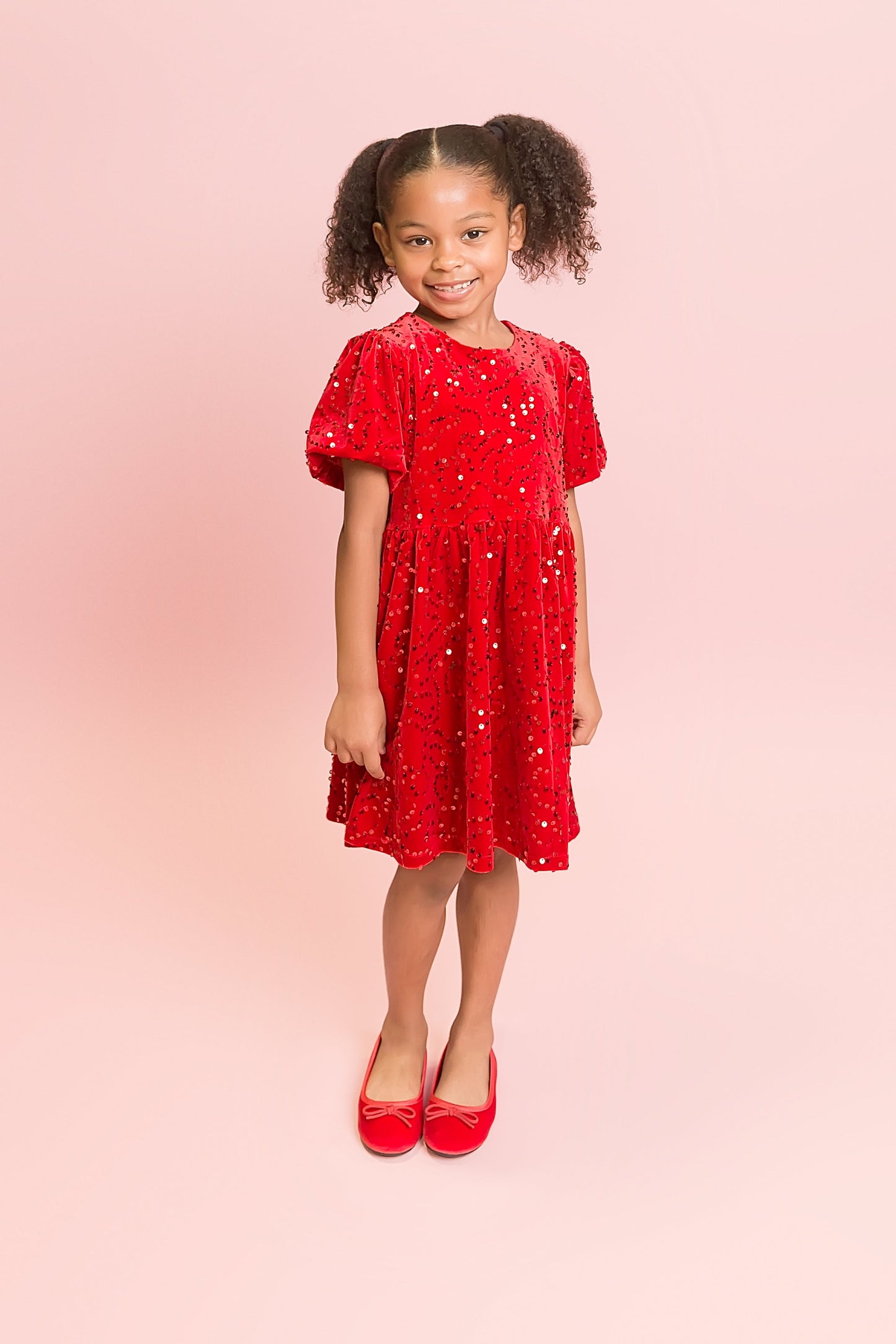 Girls Red Velvet Sequin Dress | Sparkly Christmas Party Dress with Puff Sleeves