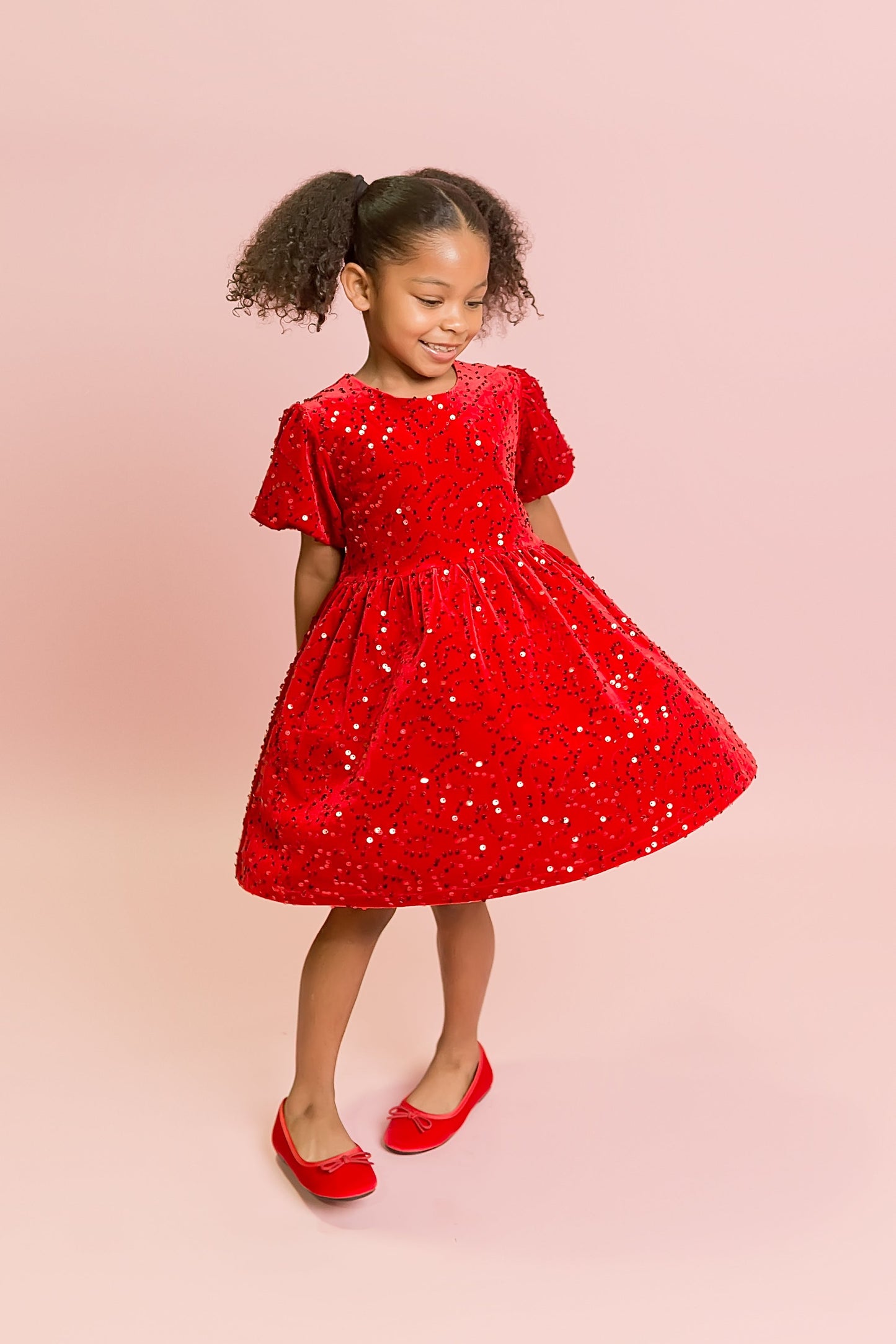 Girls Red Velvet Sequin Dress | Sparkly Christmas Party Dress with Puff Sleeves