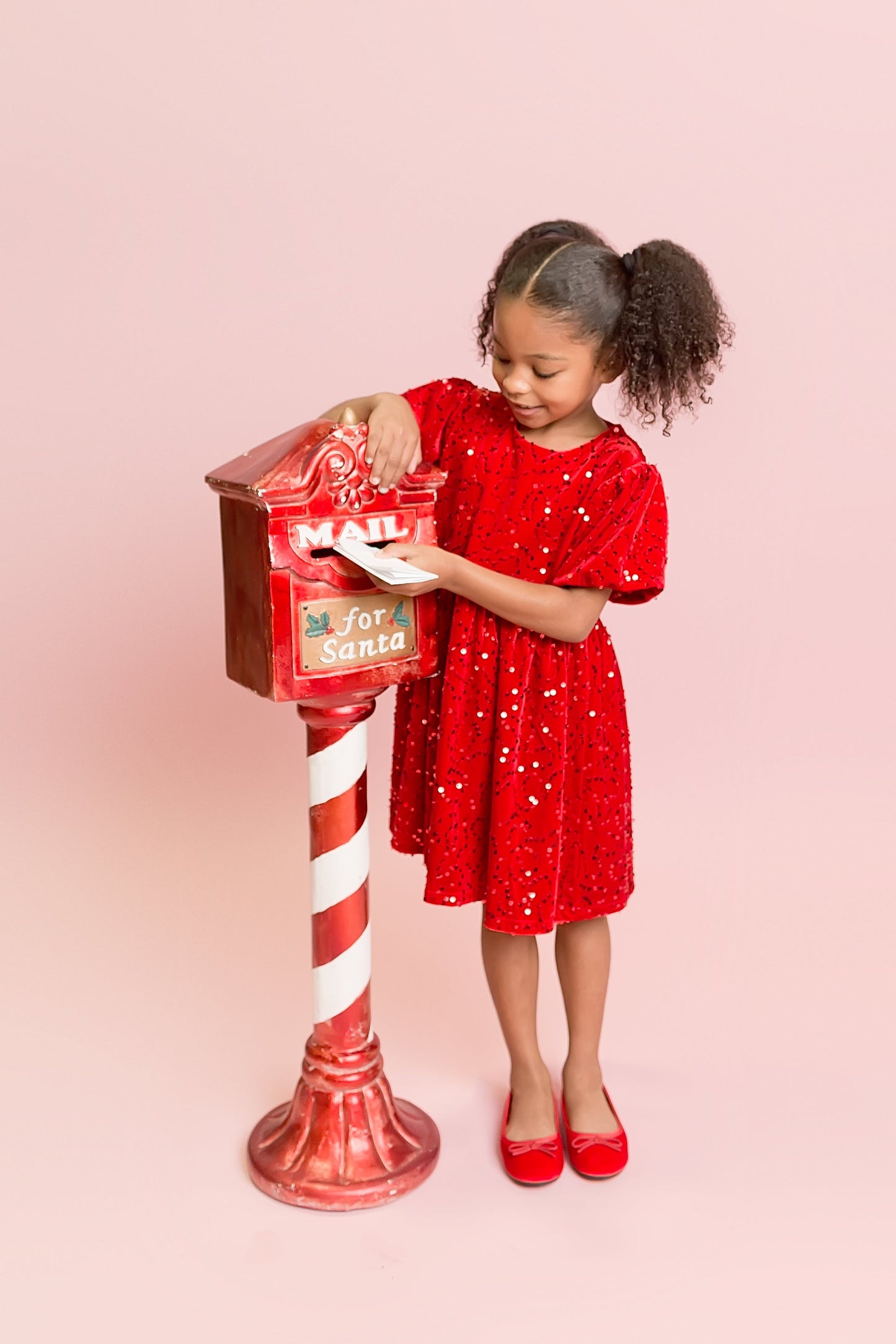 Girls Red Velvet Sequin Dress | Sparkly Christmas Party Dress with Puff Sleeves
