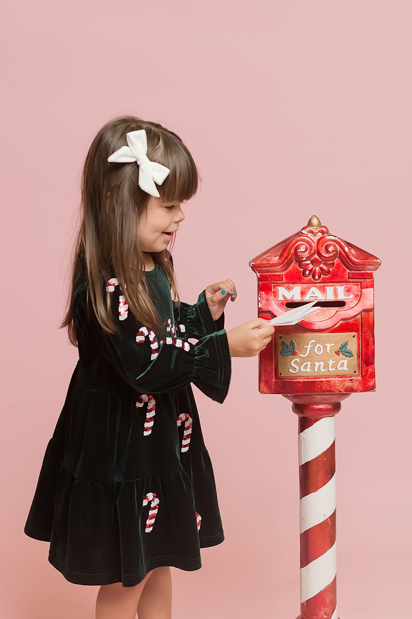 Girls Green Velvet Candy Cane Dress | Sequin Christmas Dress with Ruffle Sleeves