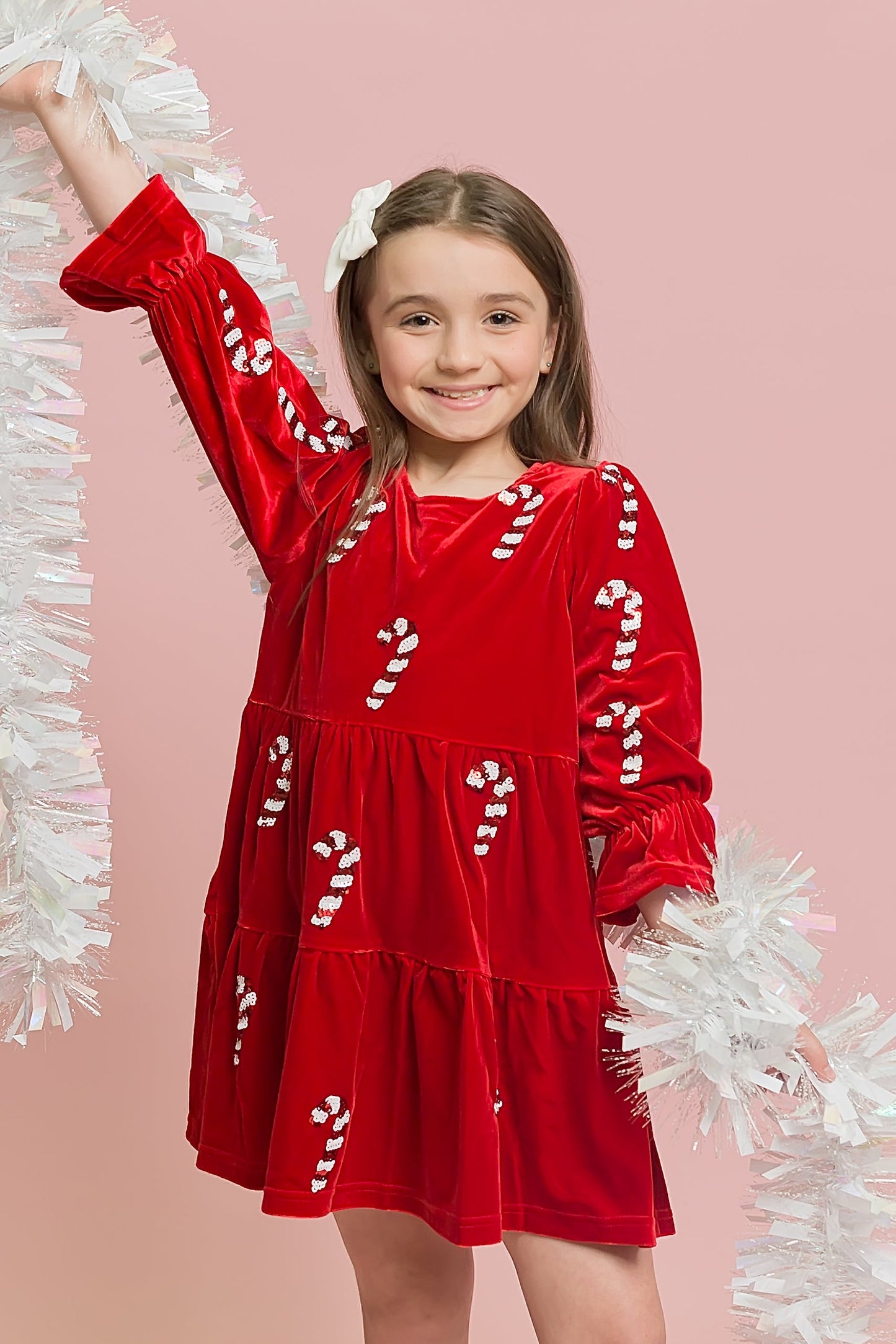 Girls Red Velvet Candy Cane Dress | Sequin Christmas Dress with Ruffle Sleeves