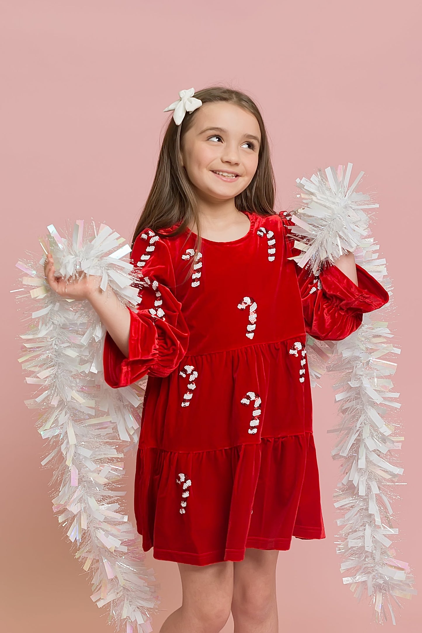 Girls Red Velvet Candy Cane Dress | Sequin Christmas Dress with Ruffle Sleeves