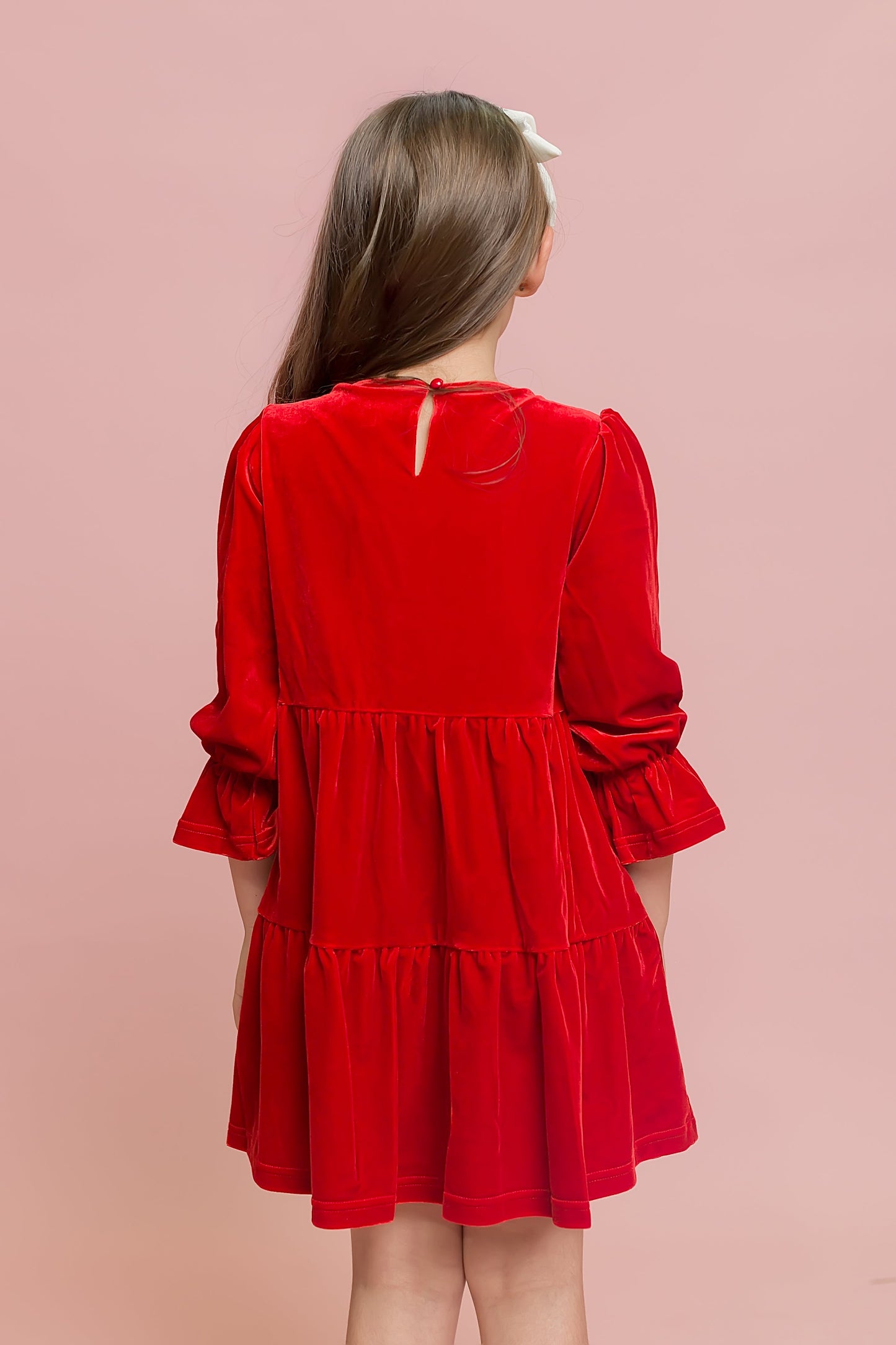 Girls Red Velvet Candy Cane Dress | Sequin Christmas Dress with Ruffle Sleeves