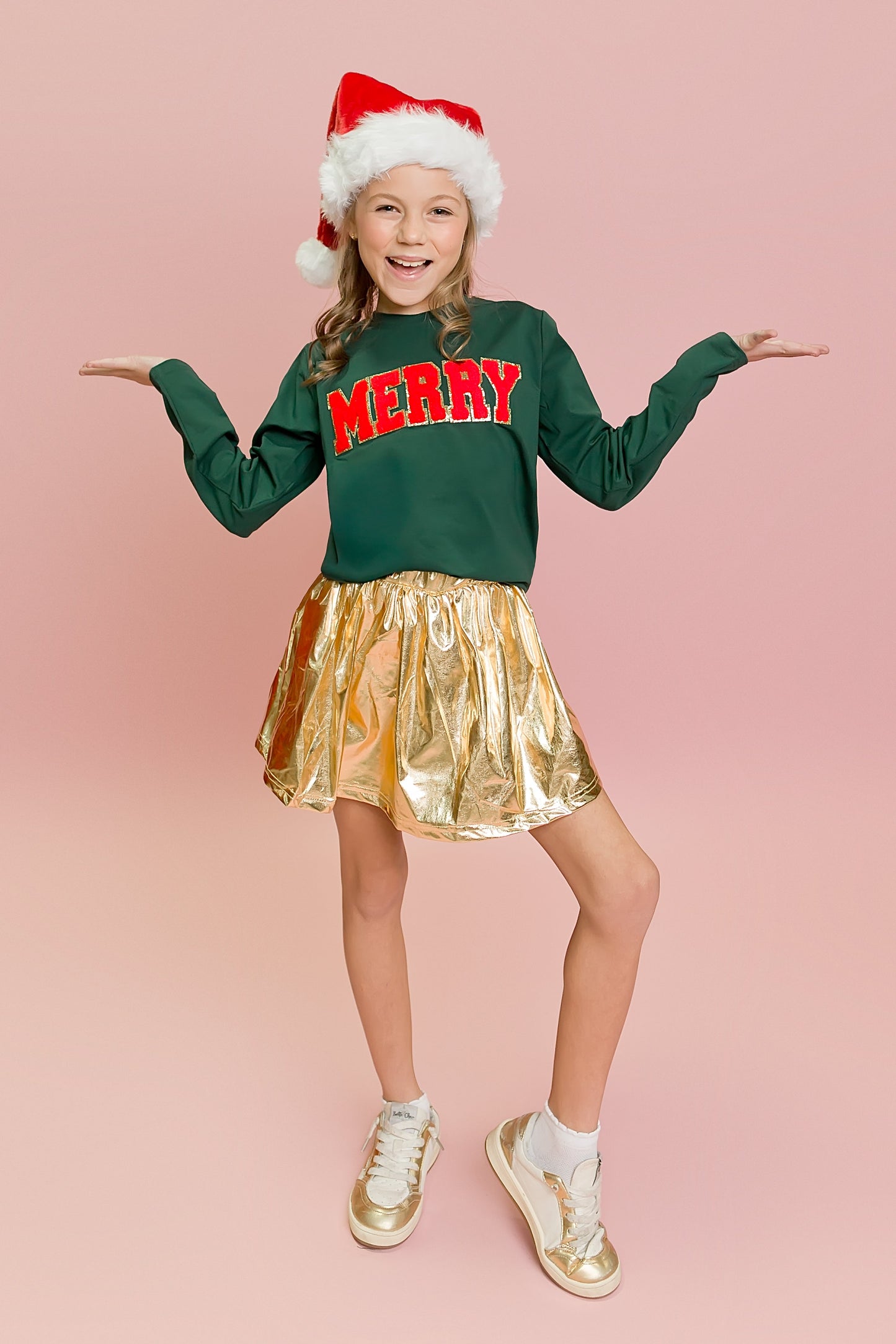 Girls Green Merry Chenille Shirt | Festive Christmas Long Sleeve Top with Red Lettering