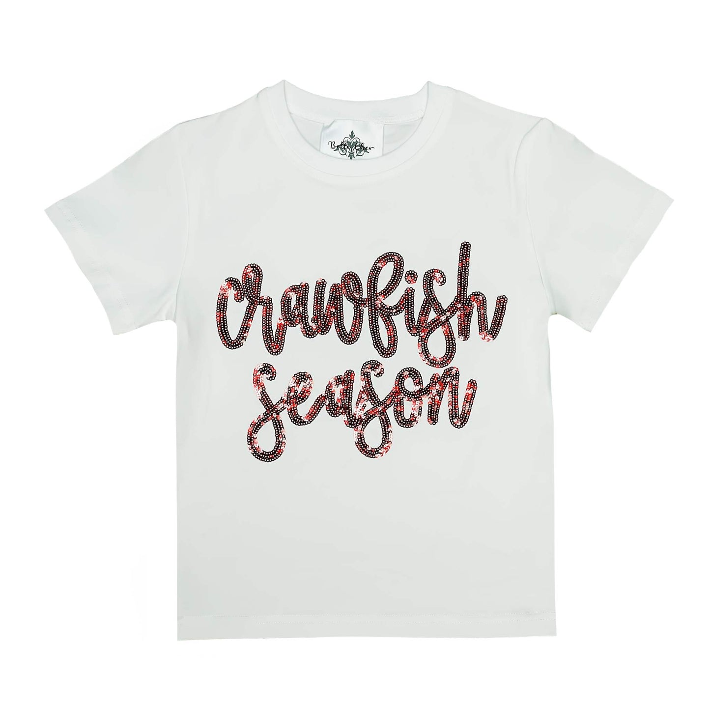 Crawfish Season Sequin White Shirt, back view